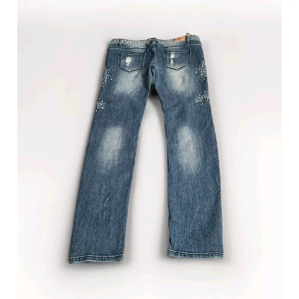 Machine Nouvelle Mode Jeans Size 15 Stretch Straight Leg Blue Distress Bling Y2K - Picture 2 of 12